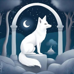 A beautiful book cover featuring a white fox sitting by an old stone wishing well at night, illustrated in pastel art style