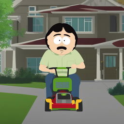 Randy Marsh from South Park is mowing the lawn in a suburban neighborhood, depicted in the show's characteristic animation style