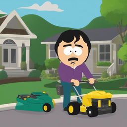 Randy Marsh from South Park is mowing the lawn in a suburban neighborhood, depicted in the show's characteristic animation style