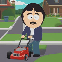 Randy Marsh from South Park is mowing the lawn in a suburban neighborhood, depicted in the show's characteristic animation style