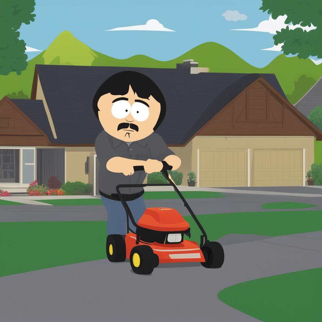 Randy Marsh from South Park is mowing the lawn in a suburban neighborhood, depicted in the show's characteristic animation style