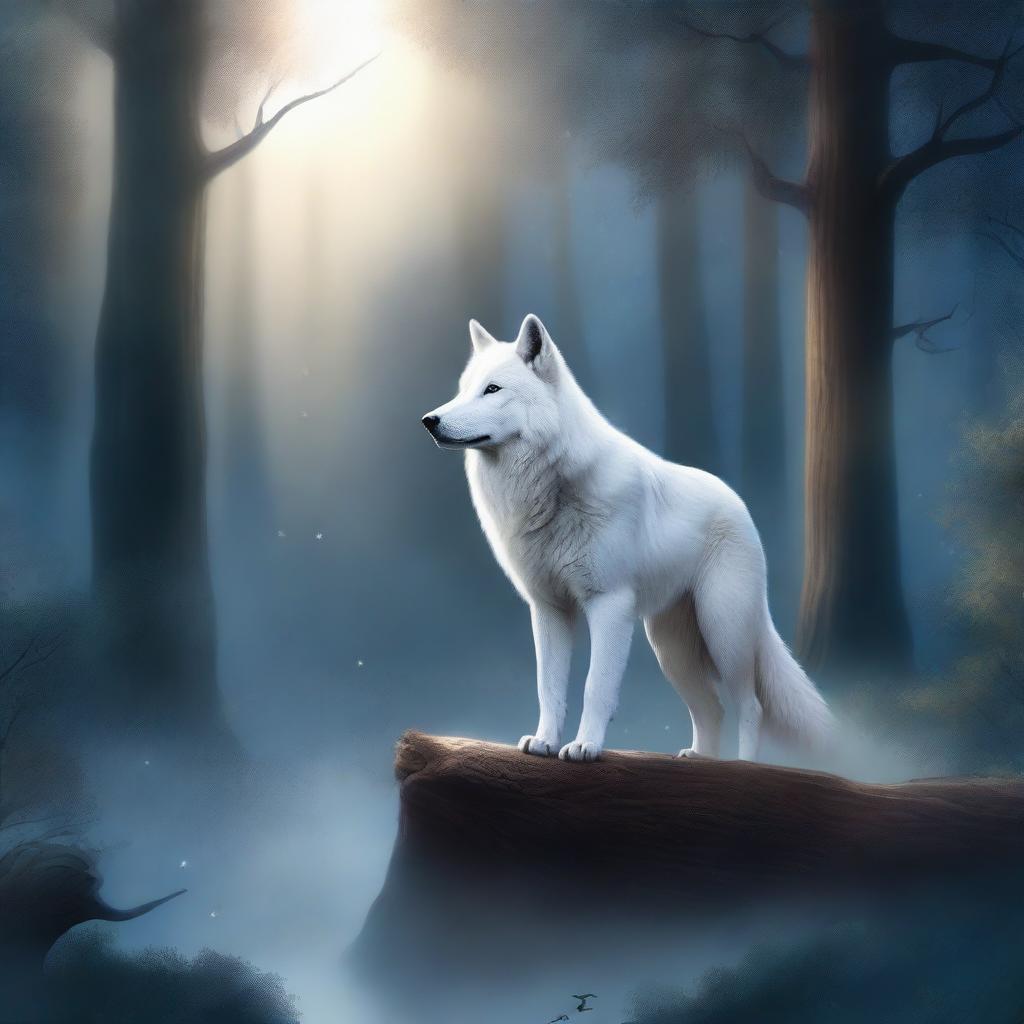 A fantasy scene featuring a majestic white wolf standing on a forest pathway, gazing intently at a bright star in the night sky