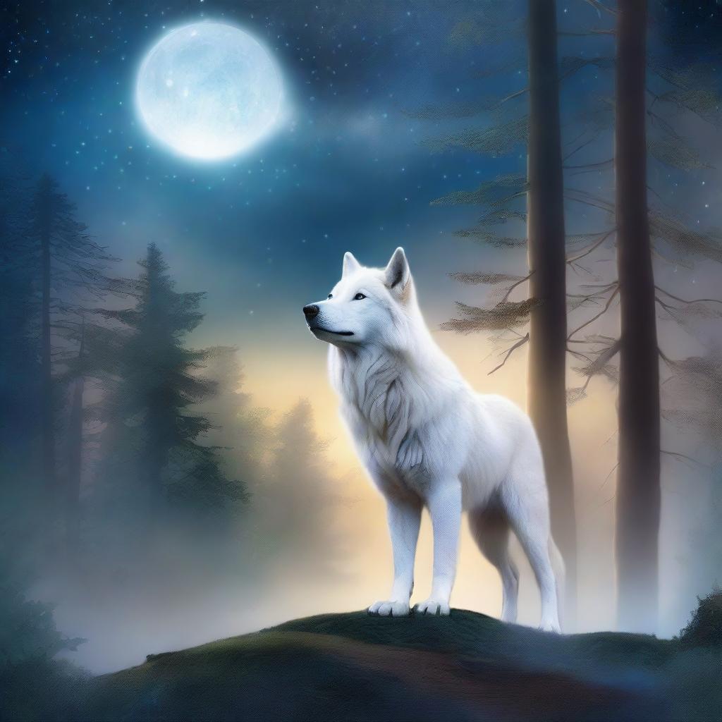 A fantasy scene featuring a majestic white wolf standing on a forest pathway, gazing intently at a bright star in the night sky