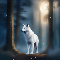 A fantasy scene featuring a majestic white wolf standing on a forest pathway, gazing intently at a bright star in the night sky