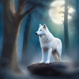 A fantasy scene featuring a majestic white wolf standing on a forest pathway, gazing intently at a bright star in the night sky