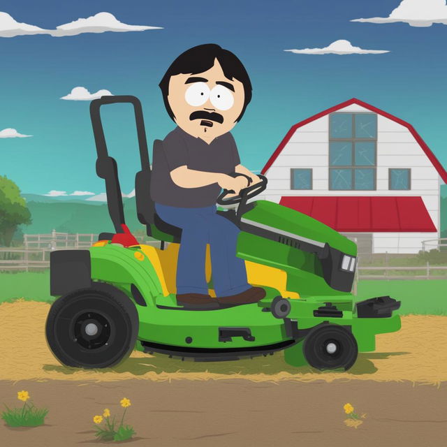 Randy Marsh from South Park is mowing a large farm paddock with a ride-on mower, depicted in the show's characteristic animation style