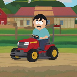 Randy Marsh from South Park is mowing a large farm paddock with a ride-on mower, depicted in the show's characteristic animation style