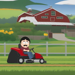 Randy Marsh from South Park is mowing a large farm paddock with a ride-on mower, depicted in the show's characteristic animation style