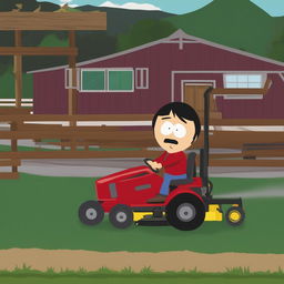 Randy Marsh from South Park is mowing a large farm paddock with a ride-on mower, depicted in the show's characteristic animation style