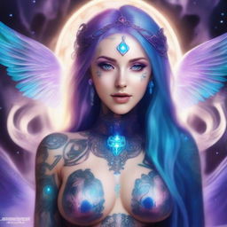 A gorgeous love goddess with a very big round chest, emitting glowing energy she’s sending directly in front of her