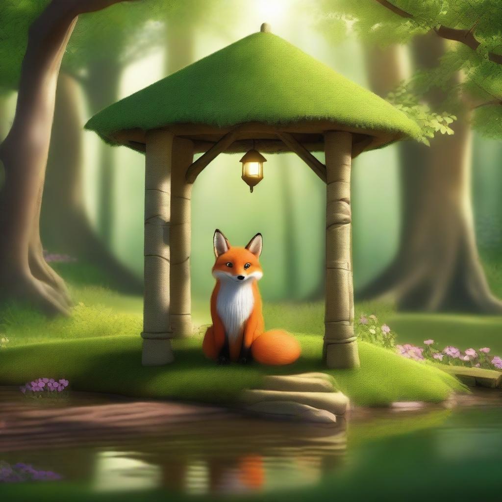 A beautiful fox standing by a charming old wishing well in a lush, green forest