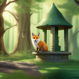 A beautiful fox standing by a charming old wishing well in a lush, green forest