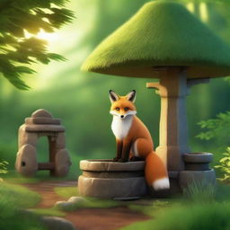 A beautiful fox standing by a charming old wishing well in a lush, green forest