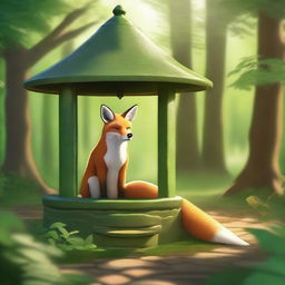 A beautiful fox standing by a charming old wishing well in a lush, green forest