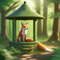 A beautiful fox standing by a charming old wishing well in a lush, green forest