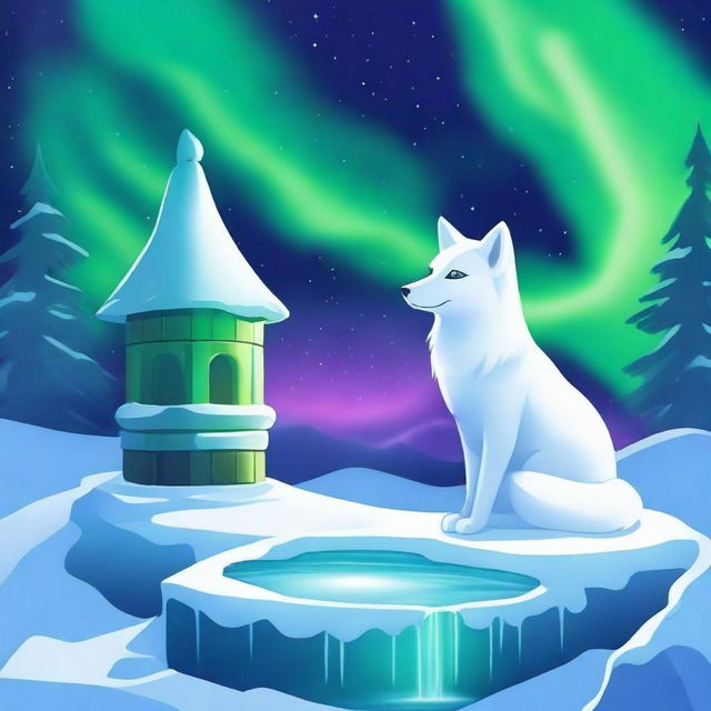 A majestic white fox gazing at a wishing well under the mesmerizing northern lights