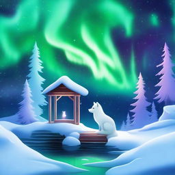 A majestic white fox gazing at a wishing well under the mesmerizing northern lights