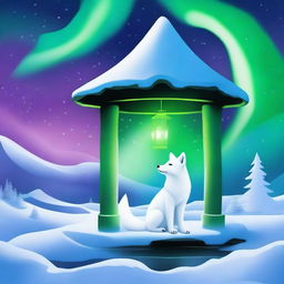 A majestic white fox gazing at a wishing well under the mesmerizing northern lights