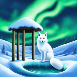 A majestic white fox gazing at a wishing well under the mesmerizing northern lights