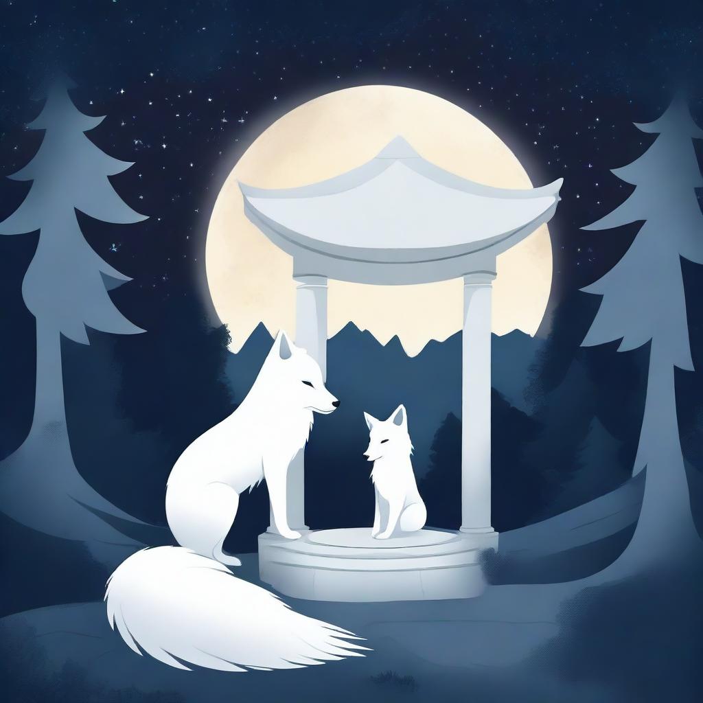 A majestic white fox gazing at a wishing well under a starry night sky in a dense forest