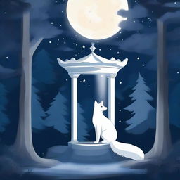 A majestic white fox gazing at a wishing well under a starry night sky in a dense forest