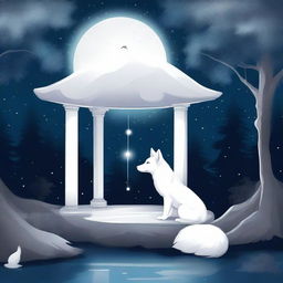 A majestic white fox gazing at a wishing well under a starry night sky in a dense forest