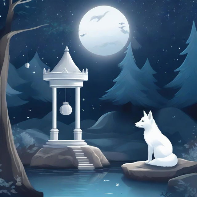 A majestic white fox gazing at a wishing well under a starry night sky in a dense forest