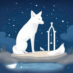 A serene scene featuring a white fox gazing at a wishing well under a starry night sky