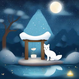 A serene scene featuring a white fox gazing at a wishing well under a starry night sky