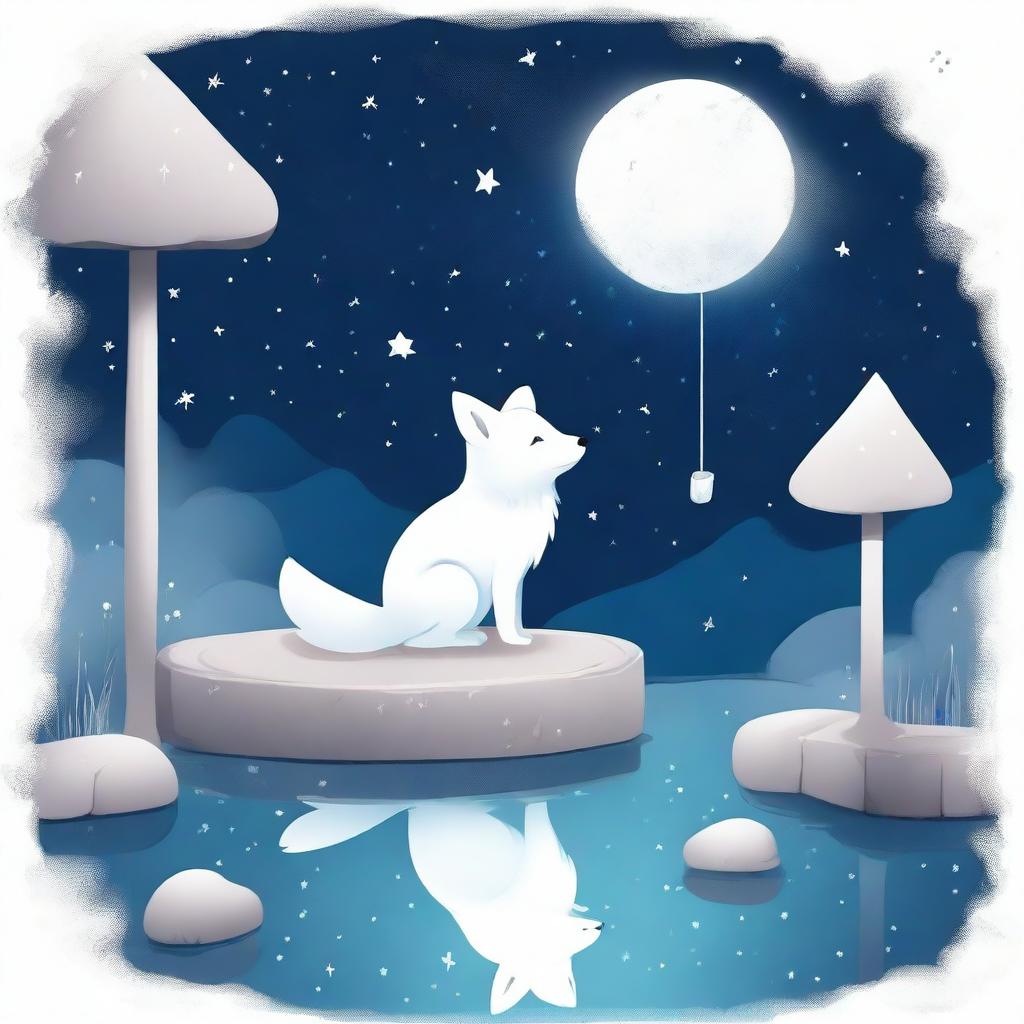 A serene scene featuring a white fox gazing at a wishing well under a starry night sky