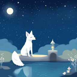 A serene scene featuring a white fox gazing at a wishing well under a starry night sky