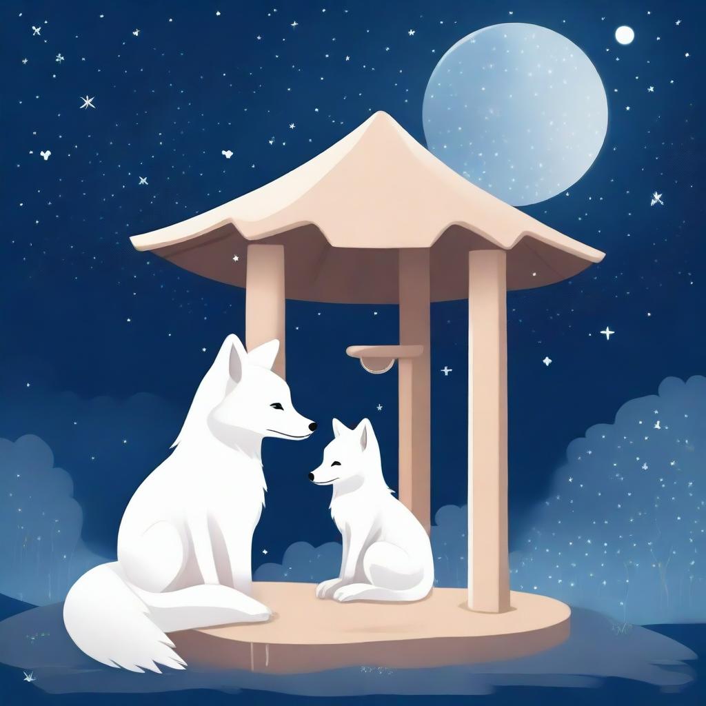 A serene scene featuring a white fox gazing thoughtfully at a wishing well under a starry night sky