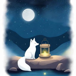 A serene scene featuring a white fox gazing thoughtfully at a wishing well under a starry night sky