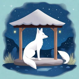 A serene scene featuring a white fox gazing thoughtfully at a wishing well under a starry night sky