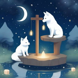 A serene scene featuring a white fox gazing thoughtfully at a wishing well under a starry night sky