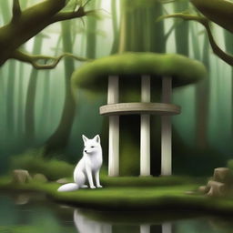 A tranquil scene featuring a white fox gazing at an old wishing well in a dense forest