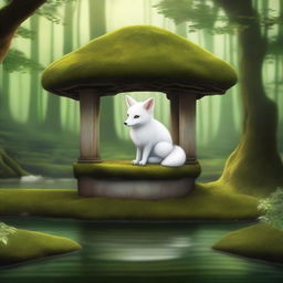 A tranquil scene featuring a white fox gazing at an old wishing well in a dense forest