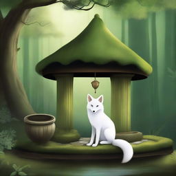 A tranquil scene featuring a white fox gazing at an old wishing well in a dense forest