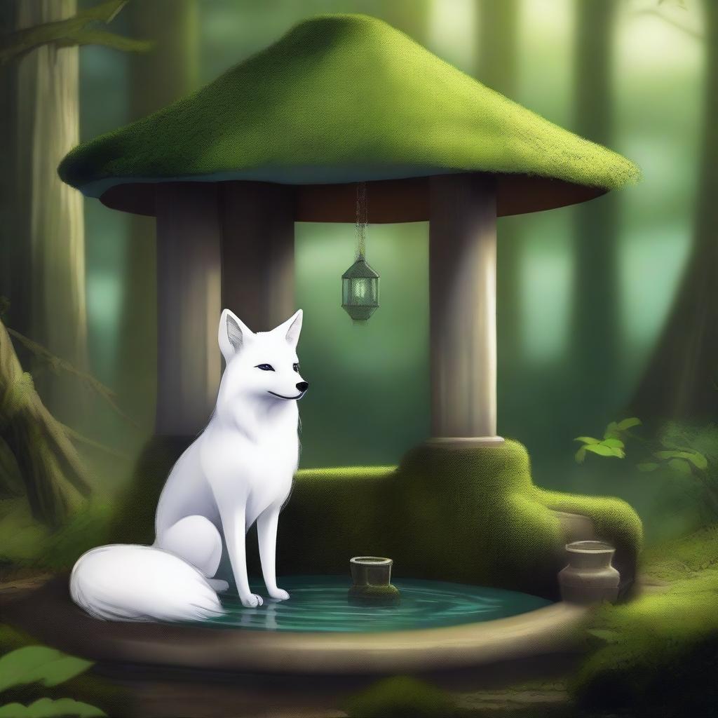 A tranquil scene featuring a white fox gazing at an old wishing well in a dense forest