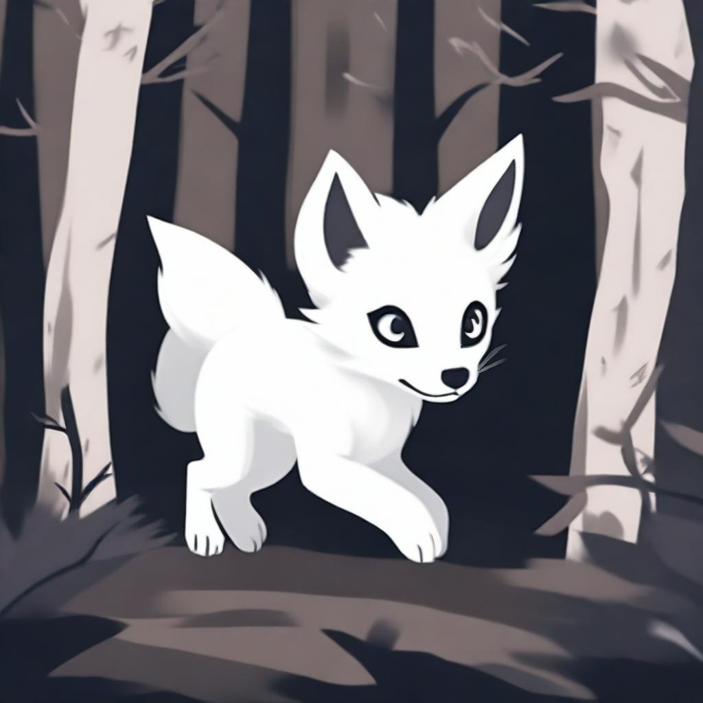 A white fox pup is seen running through a dark and scary forest