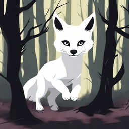 A white fox pup is seen running through a dark and scary forest