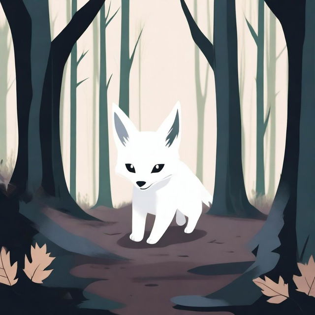 A white fox pup is seen running through a dark and scary forest