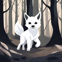 A white fox pup is seen running through a dark and scary forest