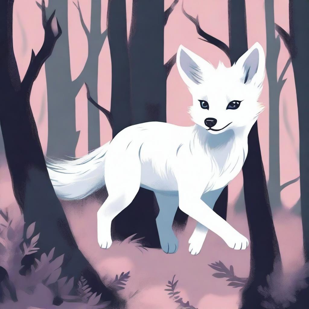 A white fox pup is seen running through a dark and scary forest, depicted in a pastel art style