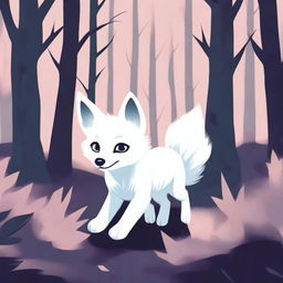 A white fox pup is seen running through a dark and scary forest, depicted in a pastel art style