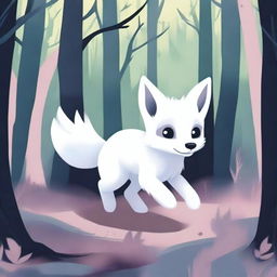 A white fox pup is seen running through a dark and scary forest, depicted in a pastel art style