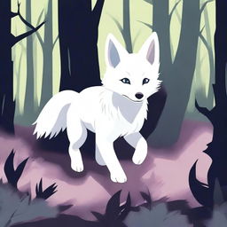 A white fox pup is seen running through a dark and scary forest, depicted in a pastel art style