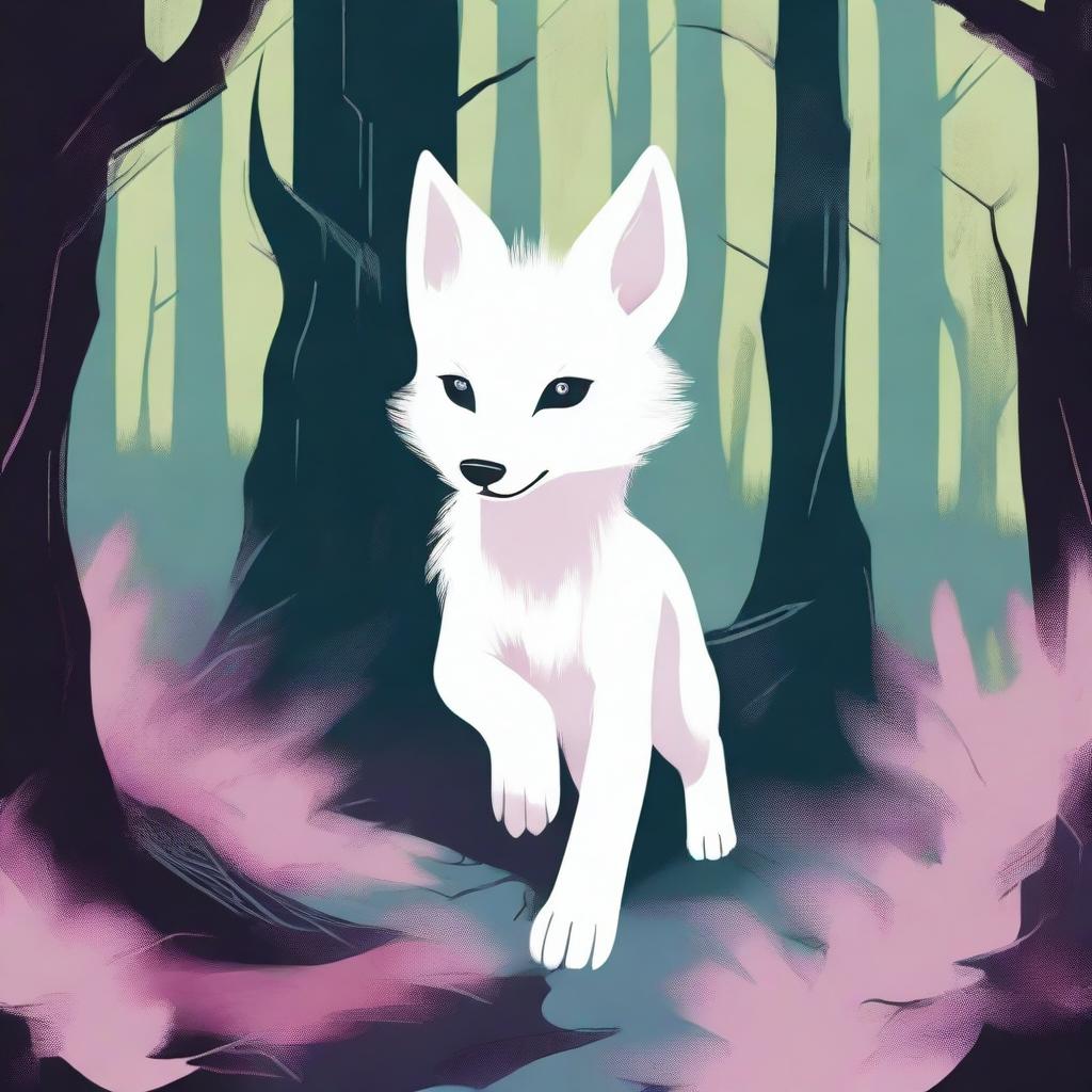 A white fox pup, scared and with a hint of blood, is seen running through a dark and scary forest, depicted in a pastel art style