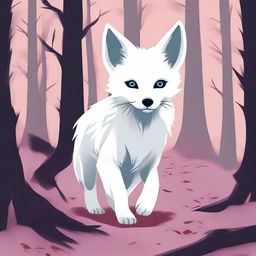 A white fox pup, scared and with a hint of blood, is seen running through a dark and scary forest, depicted in a pastel art style