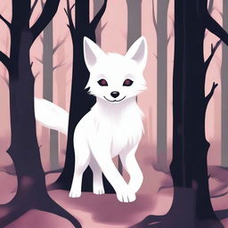 A white fox pup, scared and with a hint of blood, is seen running through a dark and scary forest, depicted in a pastel art style